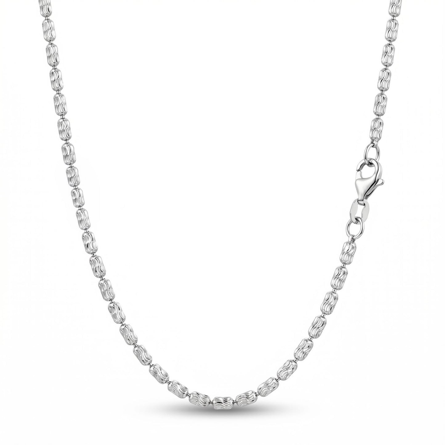 Full platinum olive bead chain with lobster clasp isolated on white