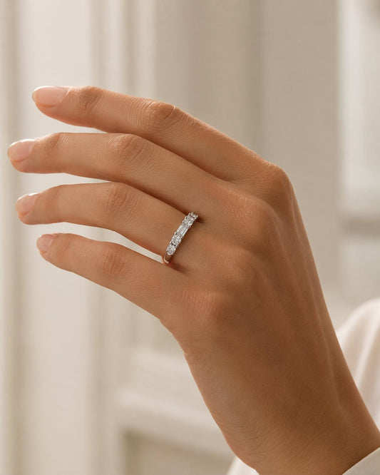 five-stone lab diamond band in PT950 platinum or 18K gold angled view