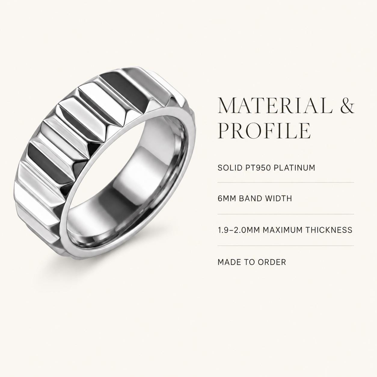 PT950 platinum architectural wedding band 6mm material and dimensions specification