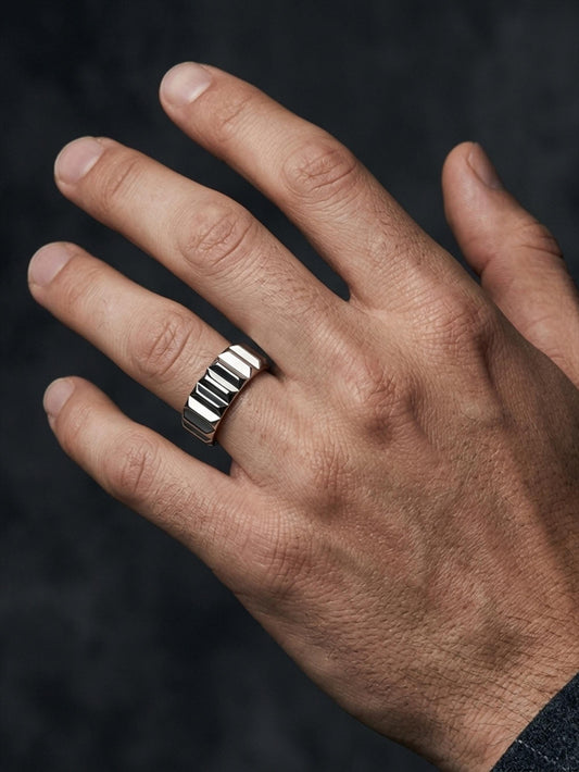 PT950 platinum architectural wedding band 6mm angled view