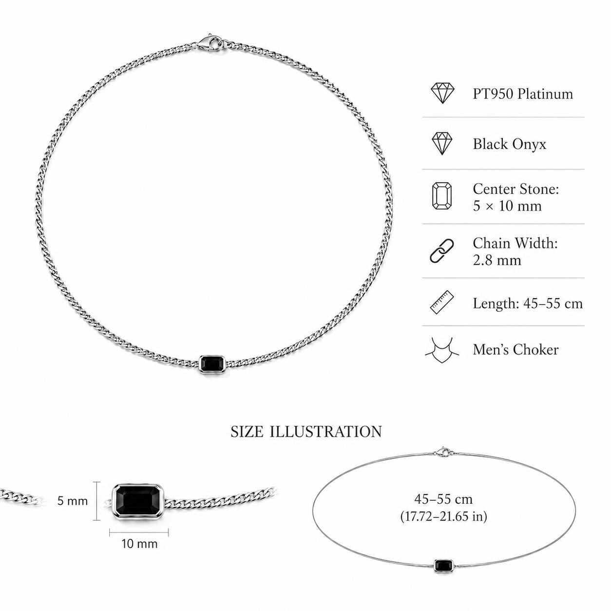Black onyx necklace size guide showing 5 by 10mm stone and 2.8mm chain
