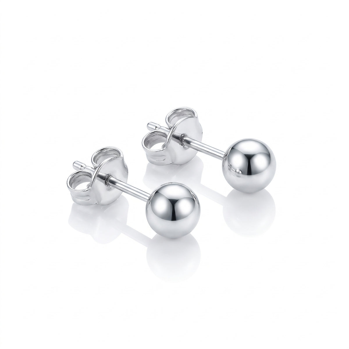 A pair of polished platinum ball stud earrings with butterfly backings, displayed on a clean white background with soft reflections.