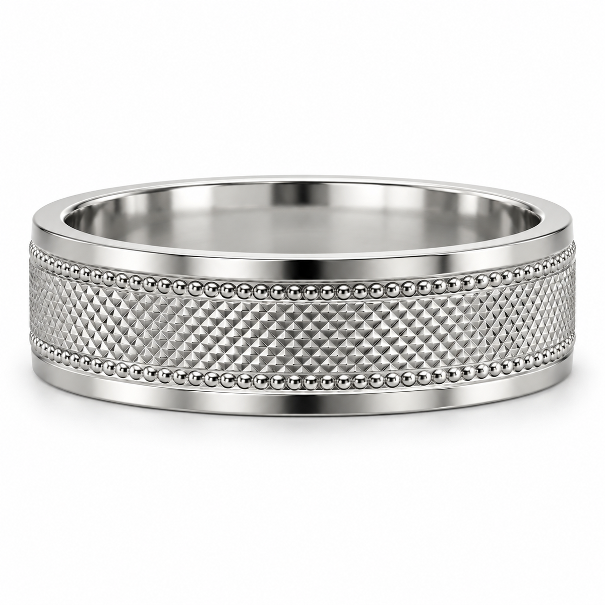 HELIOR Clous 6mm PT950 platinum band with a faceted centre, twin milgrain rows and polished borders.