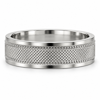 HELIOR Clous 6mm PT950 platinum band with a faceted centre, twin milgrain rows and polished borders.