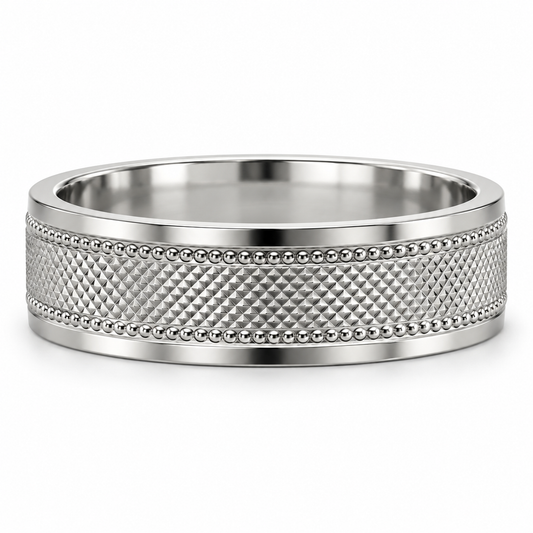 HELIOR Clous 6mm PT950 platinum band with a faceted centre, twin milgrain rows and polished borders.