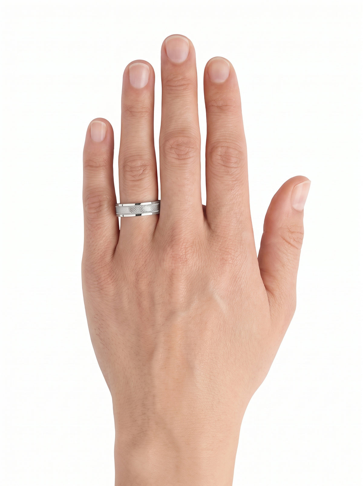 Hand wearing the narrower HELIOR Clous platinum band against a white background.