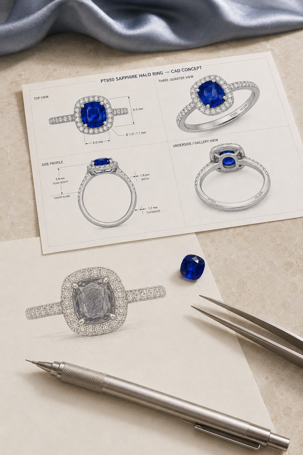 CAD design and gemstone selection for a bespoke PT950 sapphire halo ring