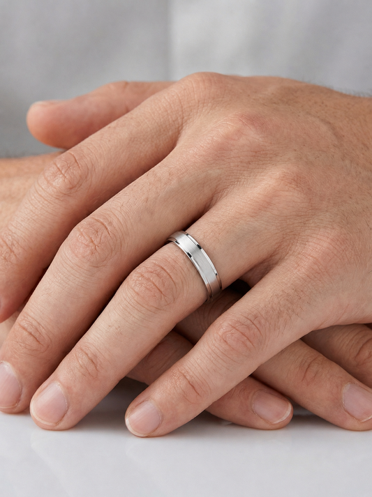 A platinum band ring with a polished center section worn on a person's ring finger, shown in a close-up lifestyle shot with hands resting on a white surface.
