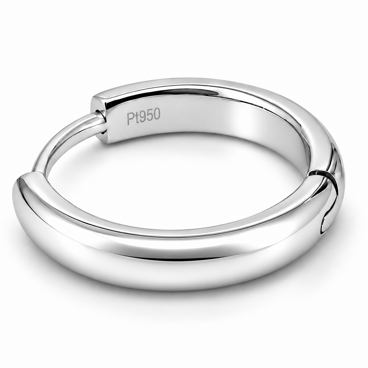 A polished platinum earring  with a smooth, rounded exterior and a visible 'Pt950' engraving on the inside, set against a clean white background.