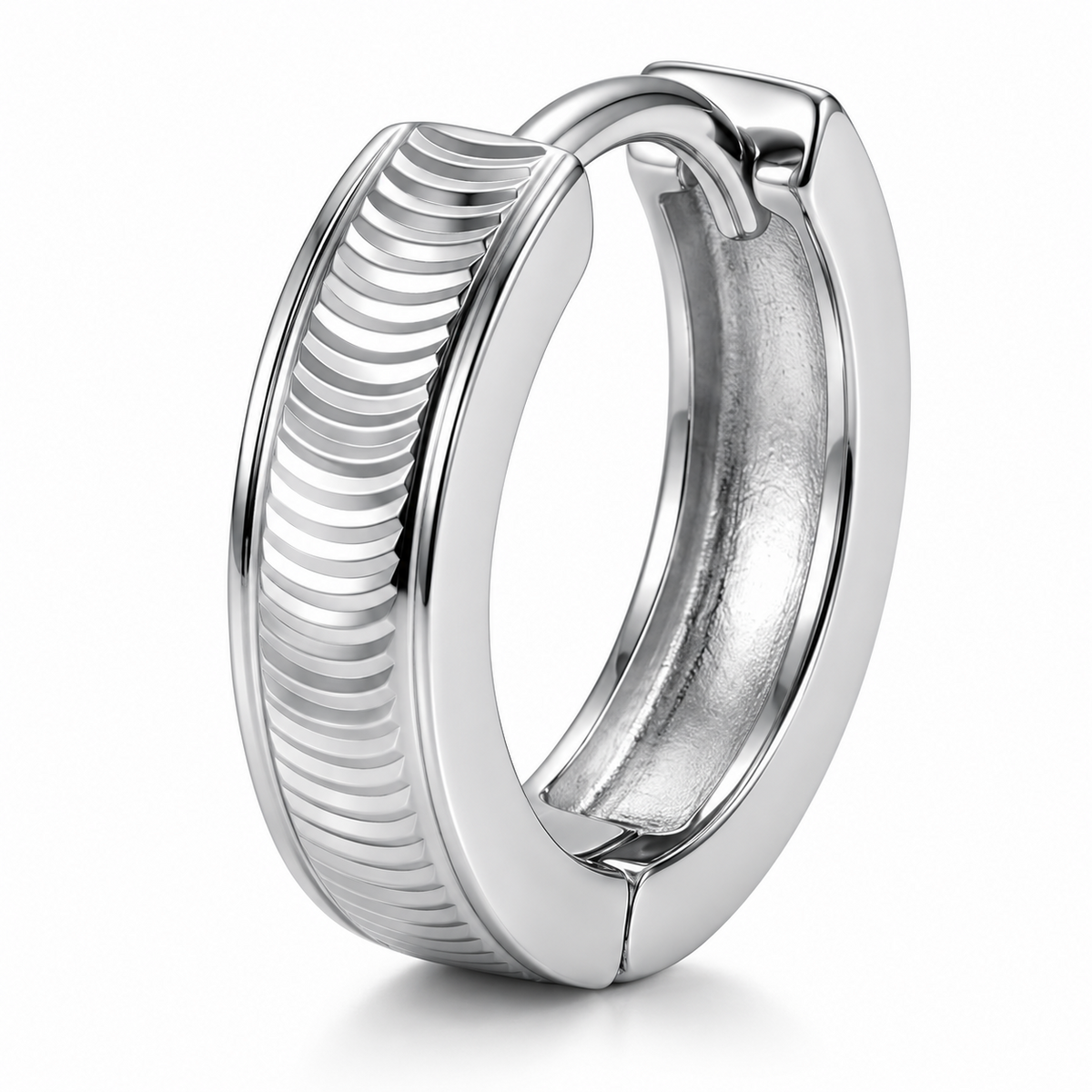Macro detail of the Vela PT950 platinum hoop showing curved ridges and hinged clasp