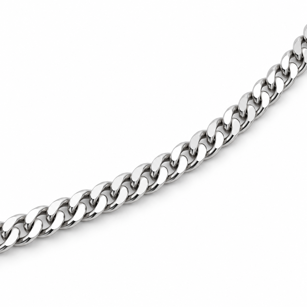 Close-up of the polished flat curb links of the Cadence PT950 platinum chain