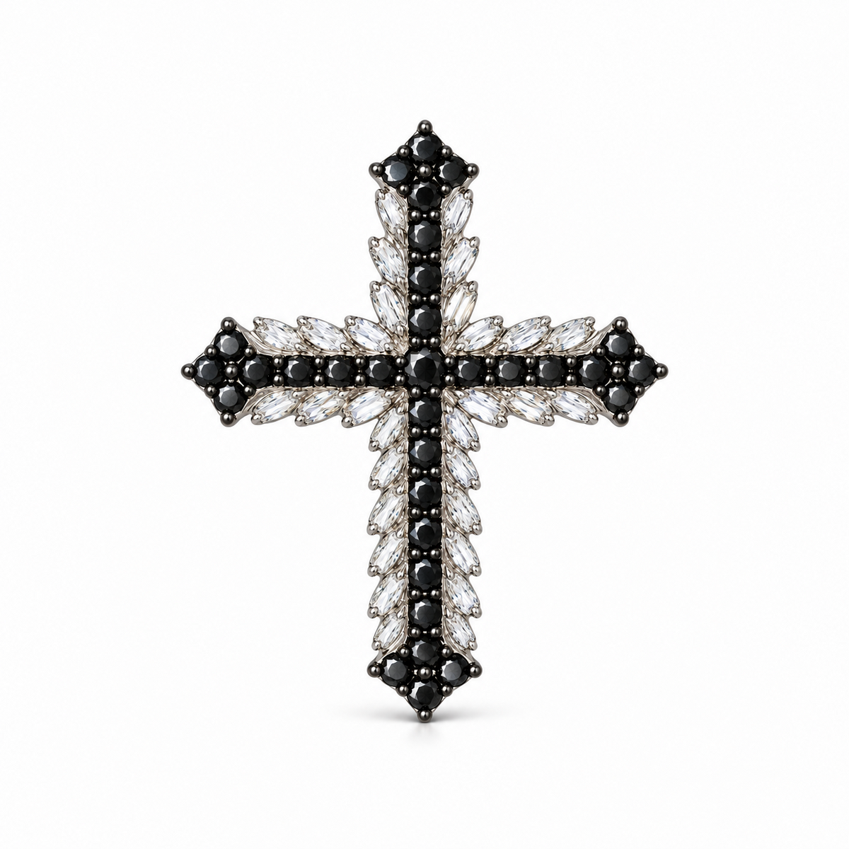 Eclipse 18K white gold natural black and white diamond cross pendant, front view. Pendant only.