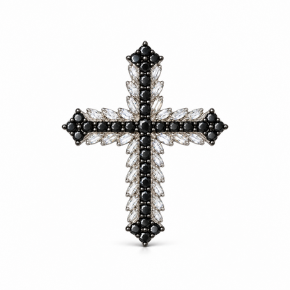 Eclipse 18K white gold natural black and white diamond cross pendant, front view. Pendant only.