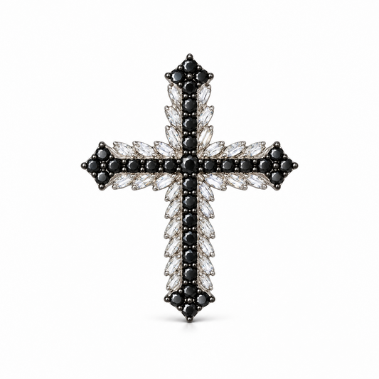 Eclipse 18K white gold natural black and white diamond cross pendant, front view. Pendant only.