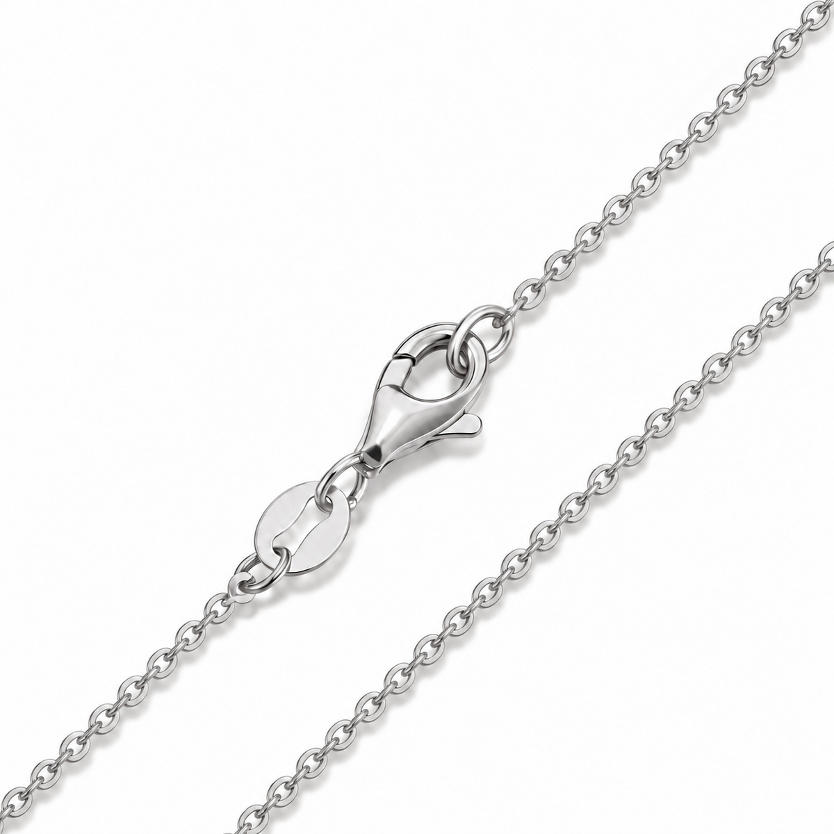 HELIOR 1.1mm 18K white gold cable chain necklace, close-up of oval links and lobster clasp.