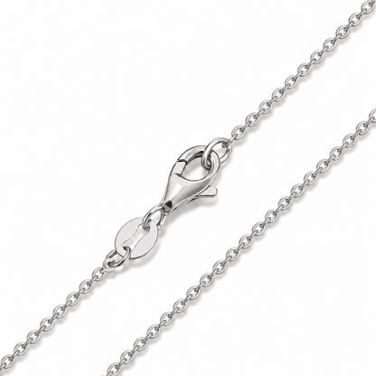 HELIOR 1.1mm 18K white gold cable chain necklace, close-up of oval links and lobster clasp.
