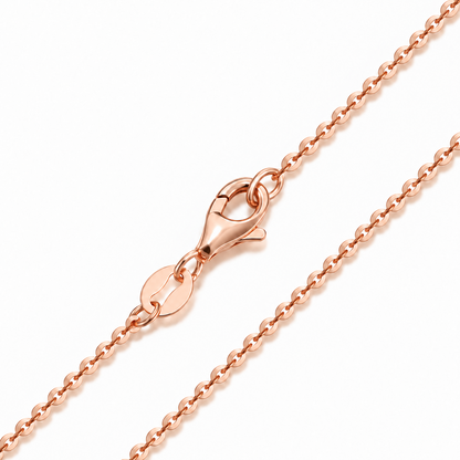 HELIOR 1.5mm 18K rose gold cable chain necklace, close-up of oval links and lobster clasp.
