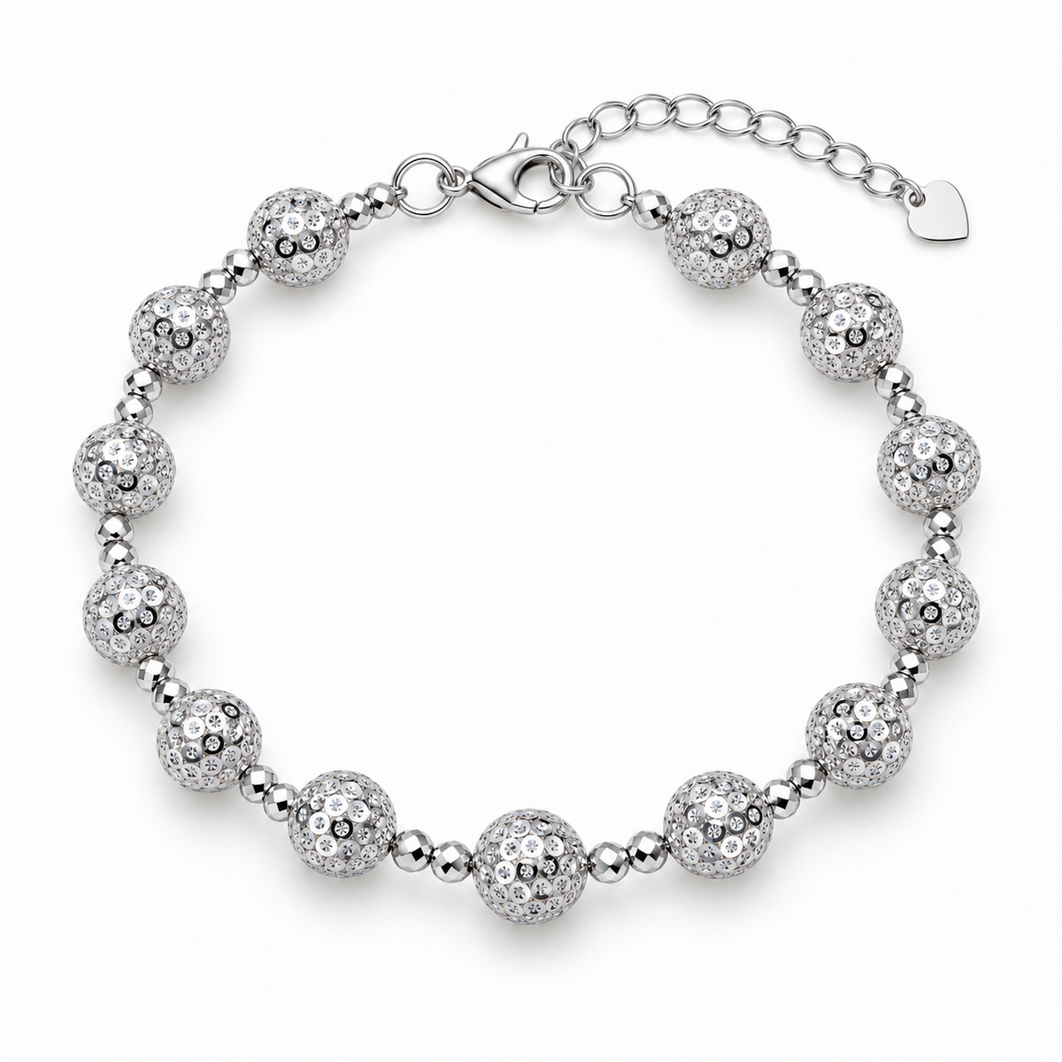 Full view of HELIOR Aster 8mm platinum bead bracelet with lobster clasp, oval-link extension chain and heart-shaped end tag.