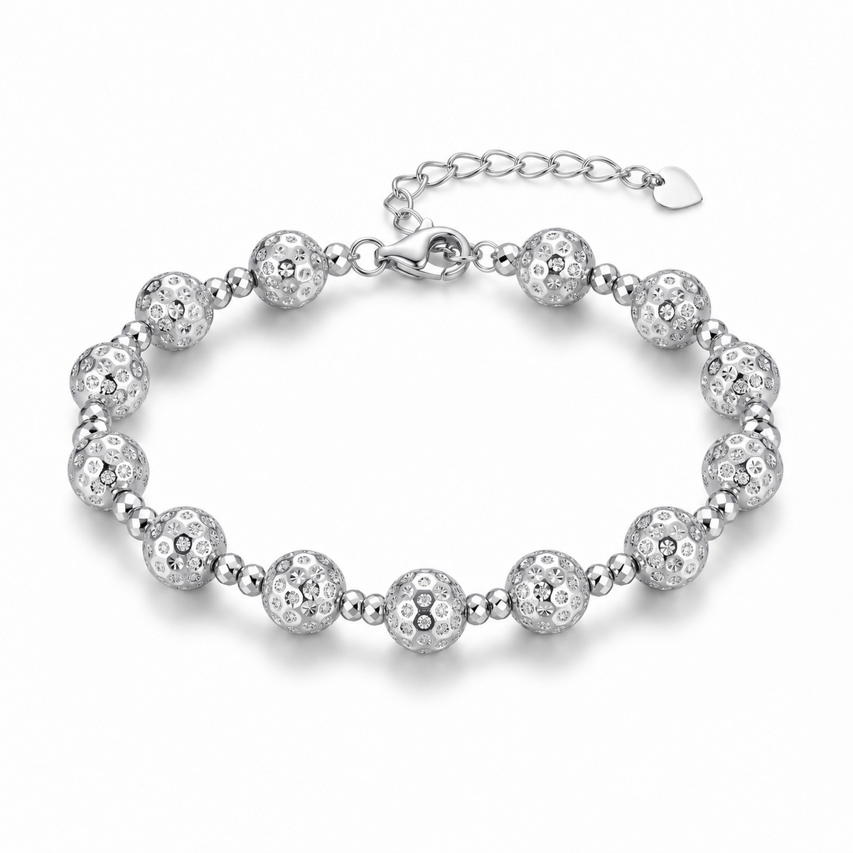 HELIOR Aster PT950 platinum bead bracelet with 8mm patterned beads, paired smaller faceted beads, lobster clasp and heart-tag extender on white.