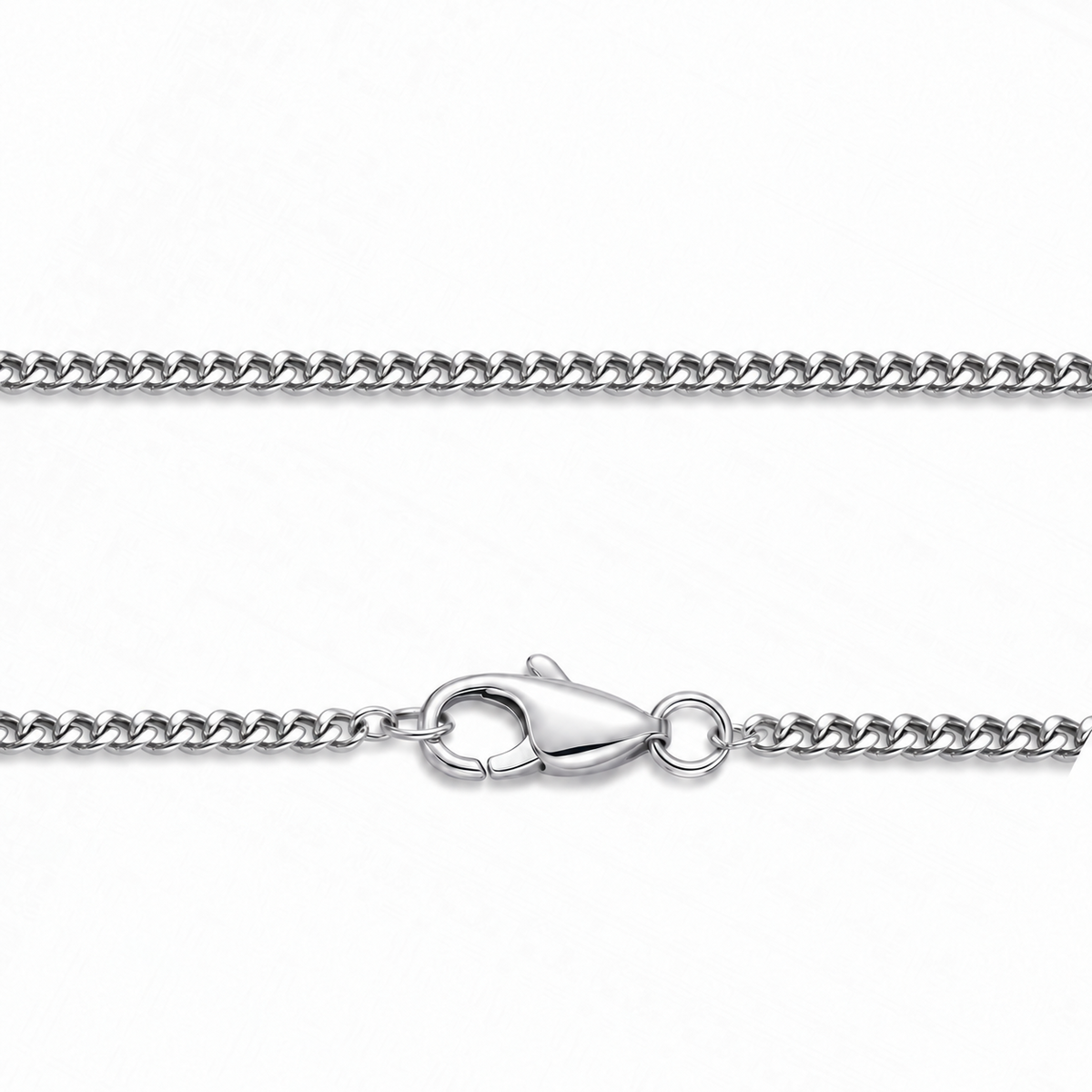 Close-up of the polished flat curb links and lobster clasp of HELIOR Cadence Fine 1.6mm solid PT950 platinum necklace.