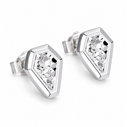 Close-up of polished borders and textured centres on HELIOR Crest PT950 platinum stud earrings