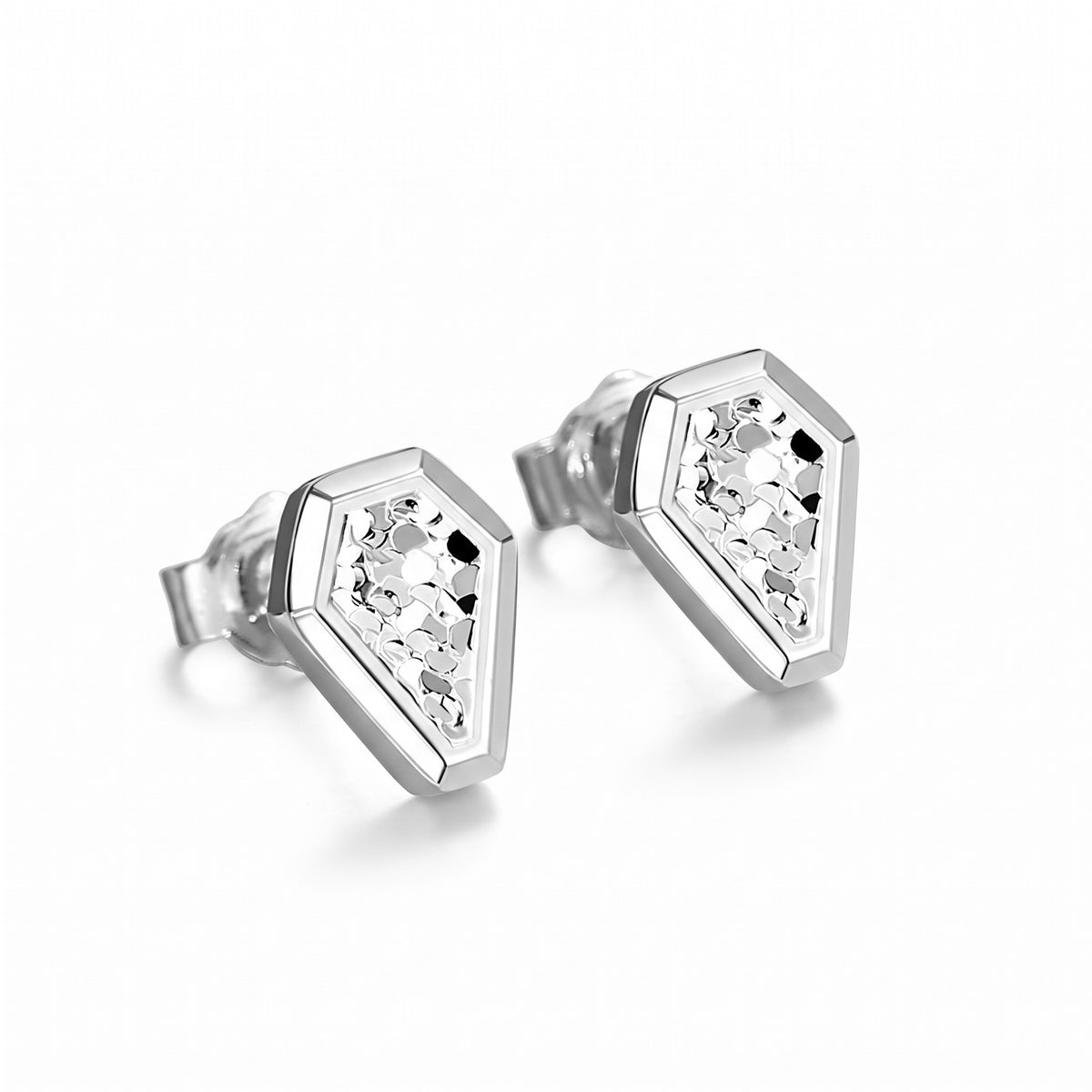 HELIOR Crest PT950 platinum shield stud earrings with textured centres and polished borders