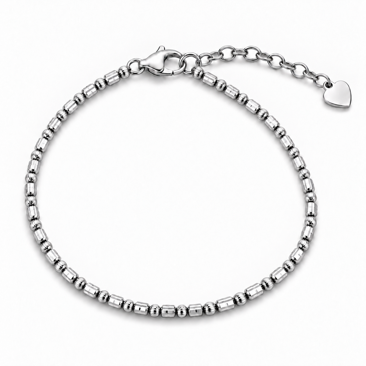 HELIOR Orbit solid PT950 platinum faceted bead bracelet on white, with alternating barrel and ribbed beads, lobster clasp and heart end tag.