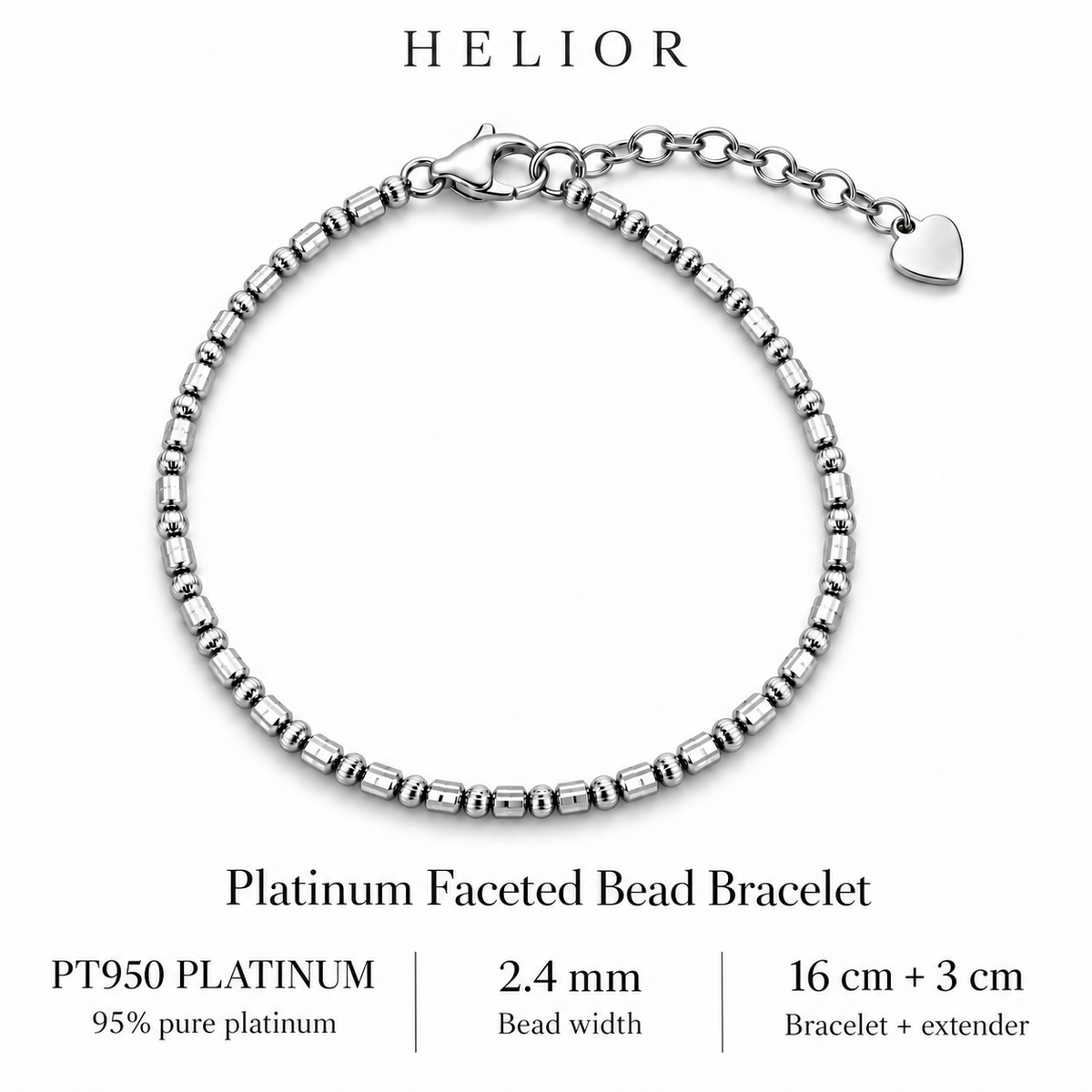 HELIOR Orbit bracelet specifications: PT950 platinum, approximately 2.4mm width and a 16cm bracelet with a 3cm extender.