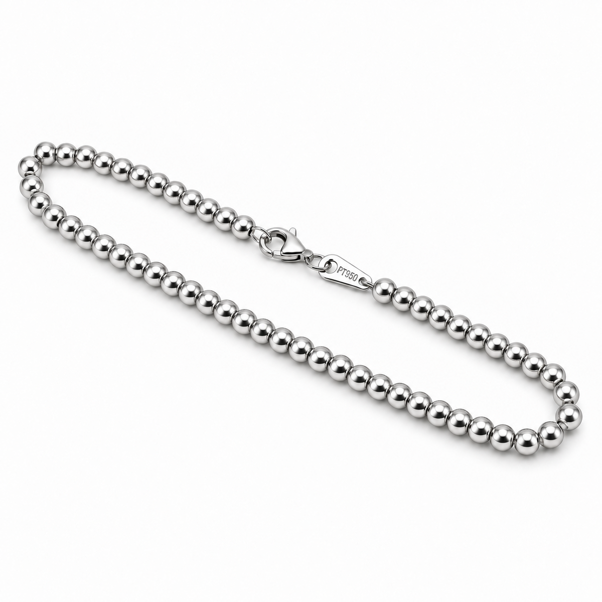 Angled view of the HELIOR Orbit PT950 platinum bead bracelet showing the rounded beads and lobster clasp