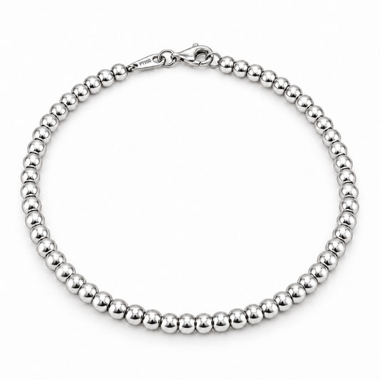 HELIOR Orbit PT950 platinum bead bracelet with polished 3 mm round beads and a lobster clasp on a white background