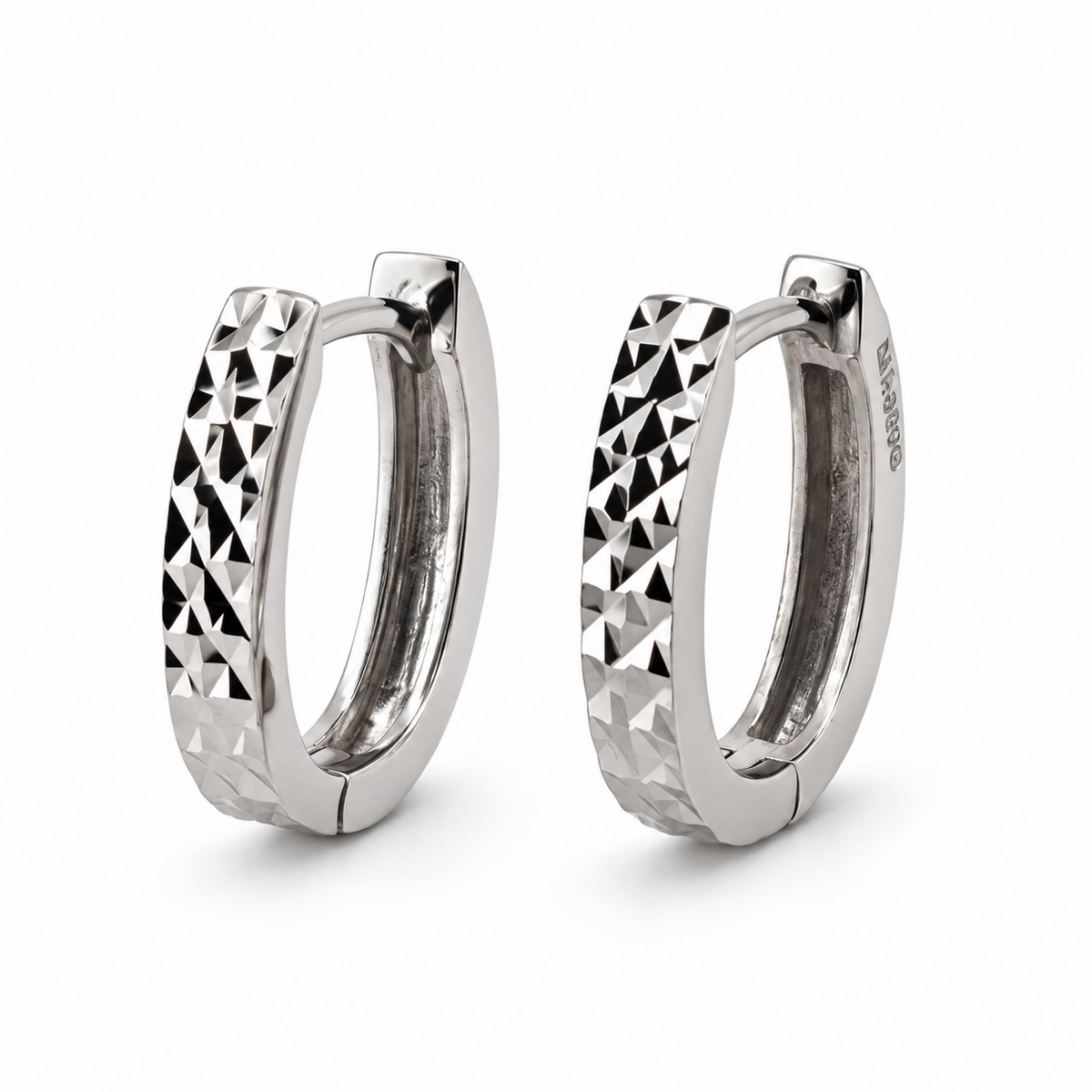 Pair of HELIOR platinum faceted hoop earrings with a 2.3 mm width and 10 mm inner diameter