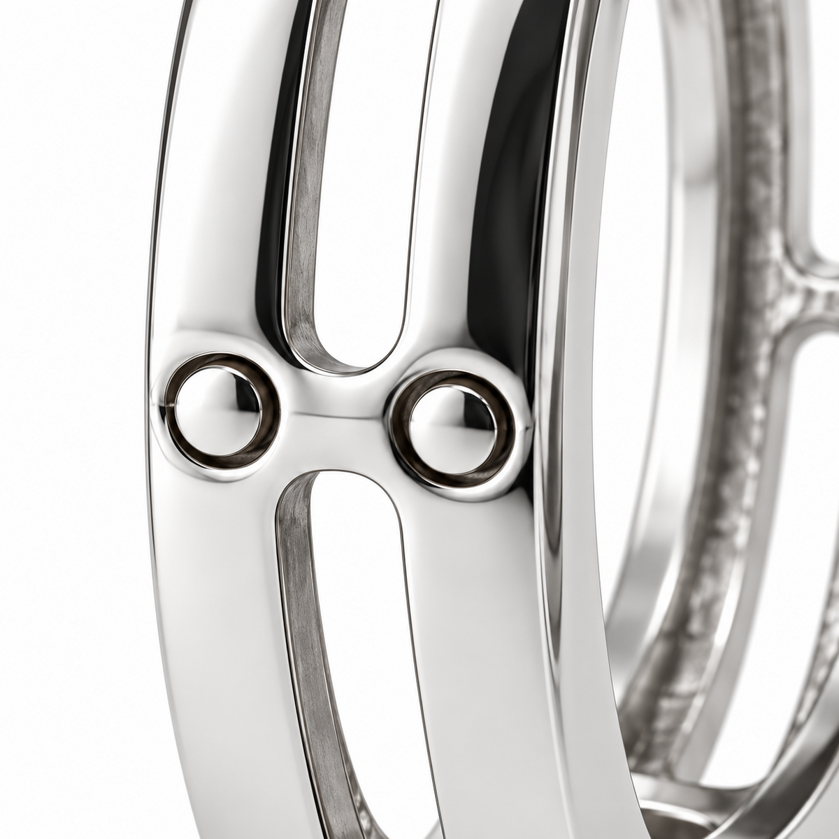 Close-up of polished openwork and twin round details on HELIOR platinum hoop earrings