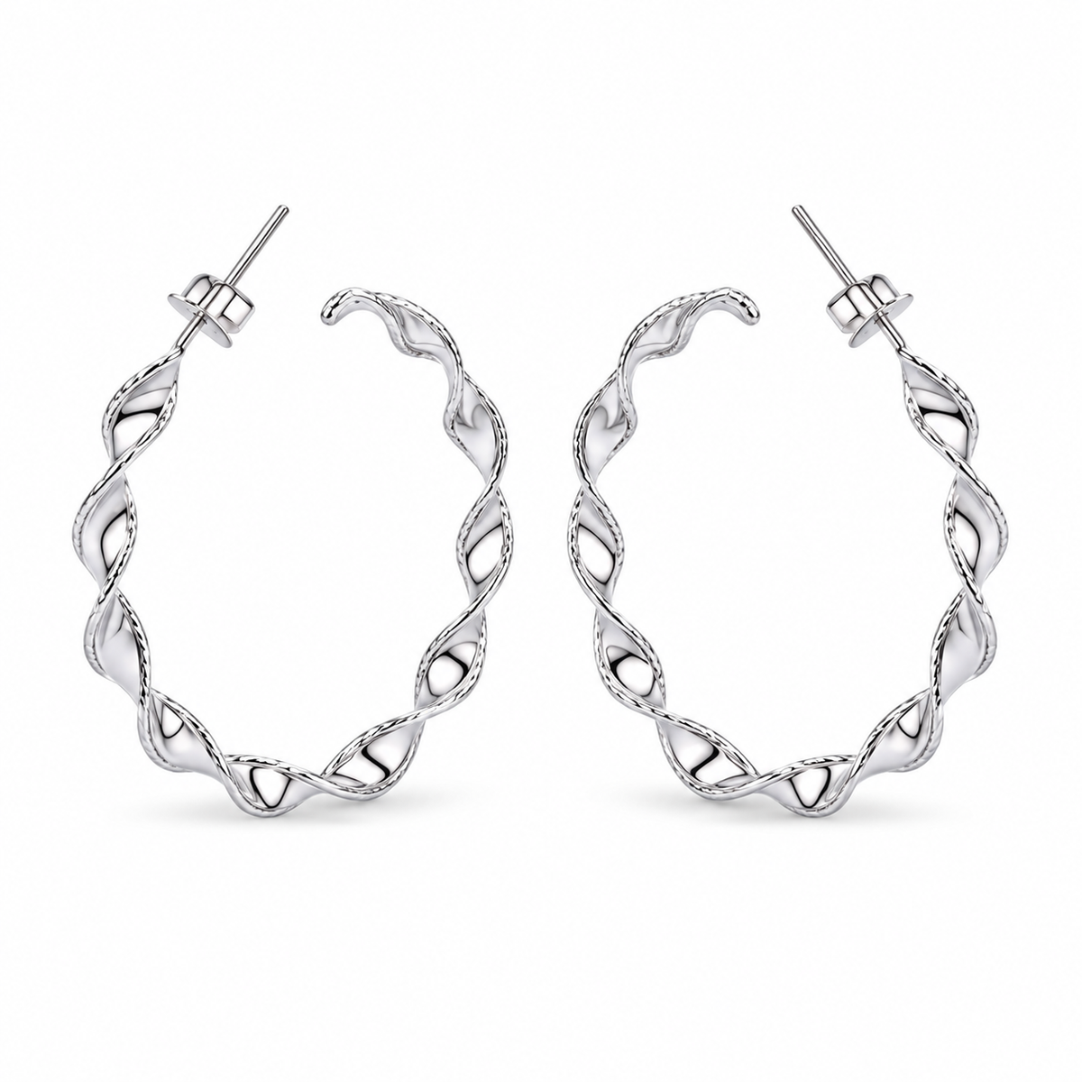 HELIOR platinum ribbon twist hoop earrings, front view on white
