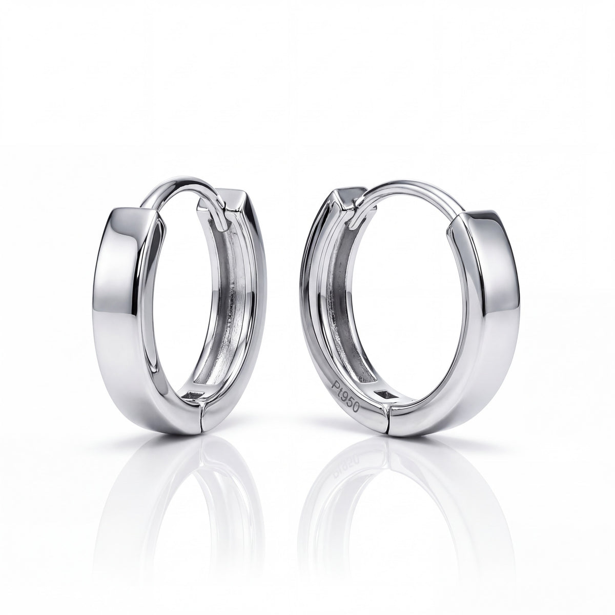 Pair of polished PT950 platinum huggie hoop earrings, 3 mm wide with a 10.5 mm inner diameter