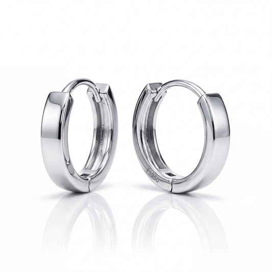 Pair of polished PT950 platinum huggie hoop earrings, 3 mm wide with a 10.5 mm inner diameter