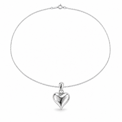 HELIOR PT950 platinum puffed heart pendant displayed on a cable chain against white; chain shown for styling only.