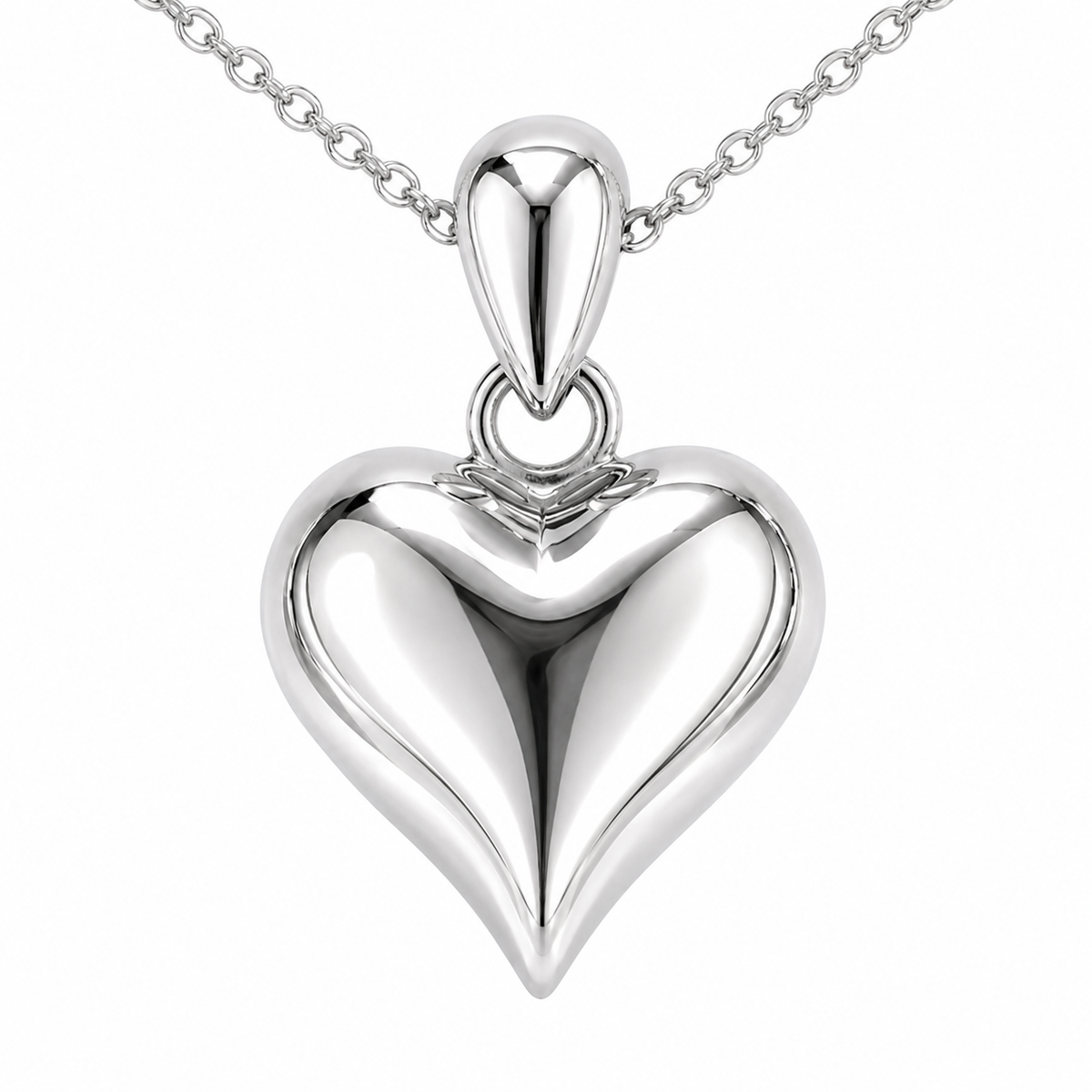 Front detail of the HELIOR PT950 platinum puffed heart pendant, showing its high-polish surface and teardrop-shaped bail.