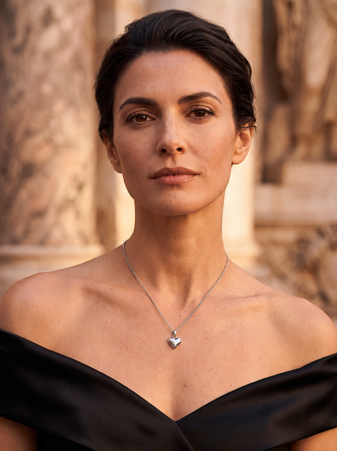 Model wearing the HELIOR platinum puffed heart pendant with a black off-the-shoulder dress in warm outdoor light.