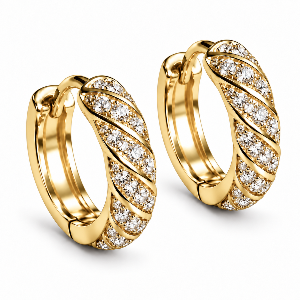 Pair of Spiral 18K yellow gold lab-grown diamond huggie hoop earrings