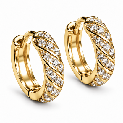 Pair of Spiral 18K yellow gold lab-grown diamond huggie hoop earrings