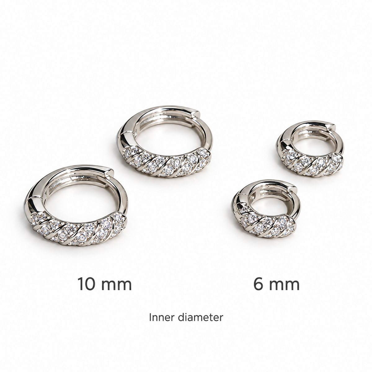Comparison of Spiral diamond huggie earrings with 10 mm and 6 mm inner diameters