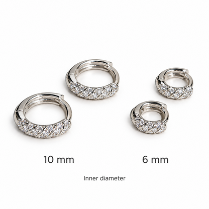 Comparison of Spiral diamond huggie earrings with 10 mm and 6 mm inner diameters