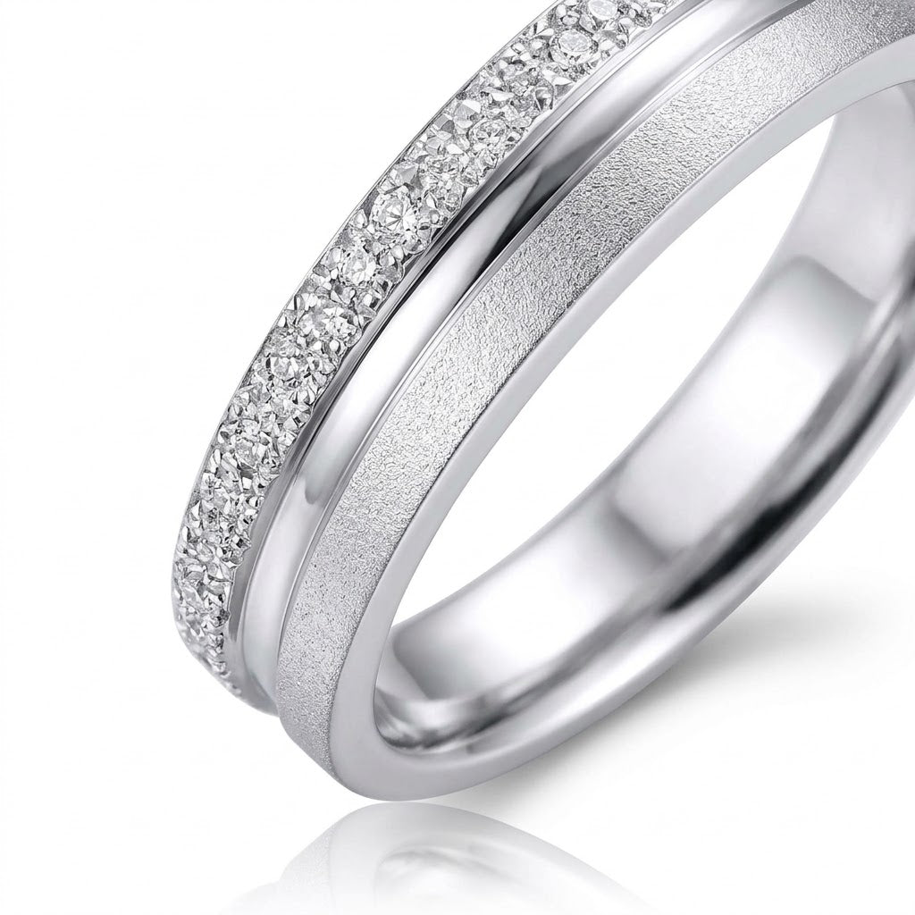 Strata ring detail showing textured platinum edge, polished groove and matte lower band without gemstones