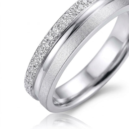Strata ring detail showing textured platinum edge, polished groove and matte lower band without gemstones
