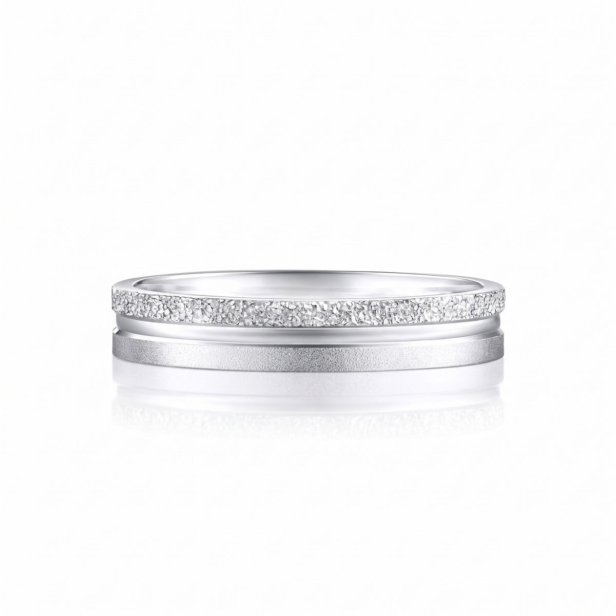 Strata solid PT950 platinum textured band on white, showing faceted, polished and matte finishes