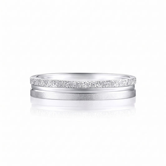 Strata solid PT950 platinum textured band on white, showing faceted, polished and matte finishes