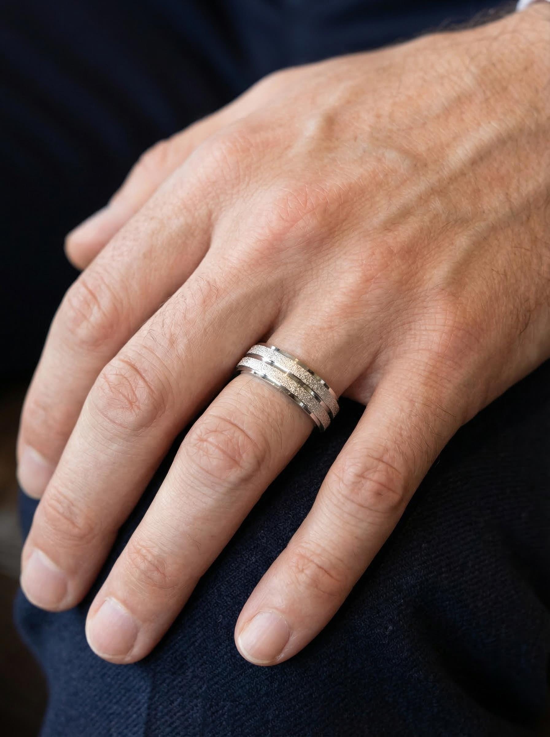 PT950 platinum matte centre wedding band 5mm angled view