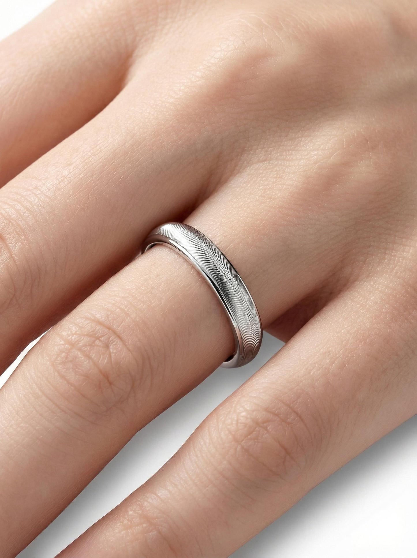 PT950 platinum wave textured wedding band 3mm worn view