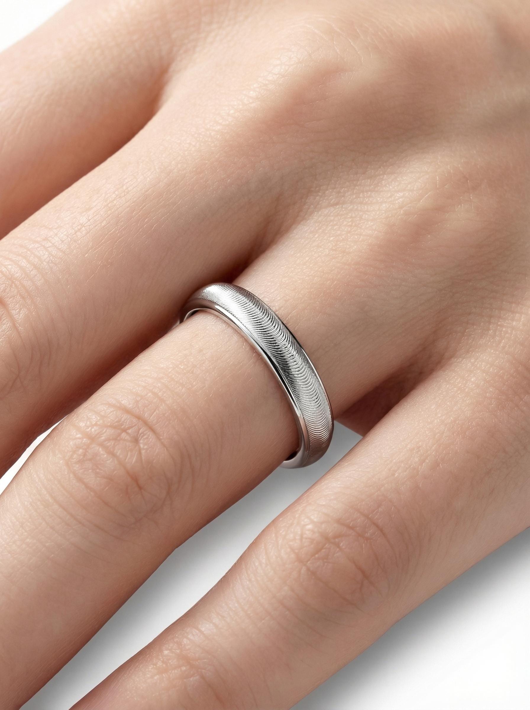 PT950 platinum wave textured wedding band 3mm worn view
