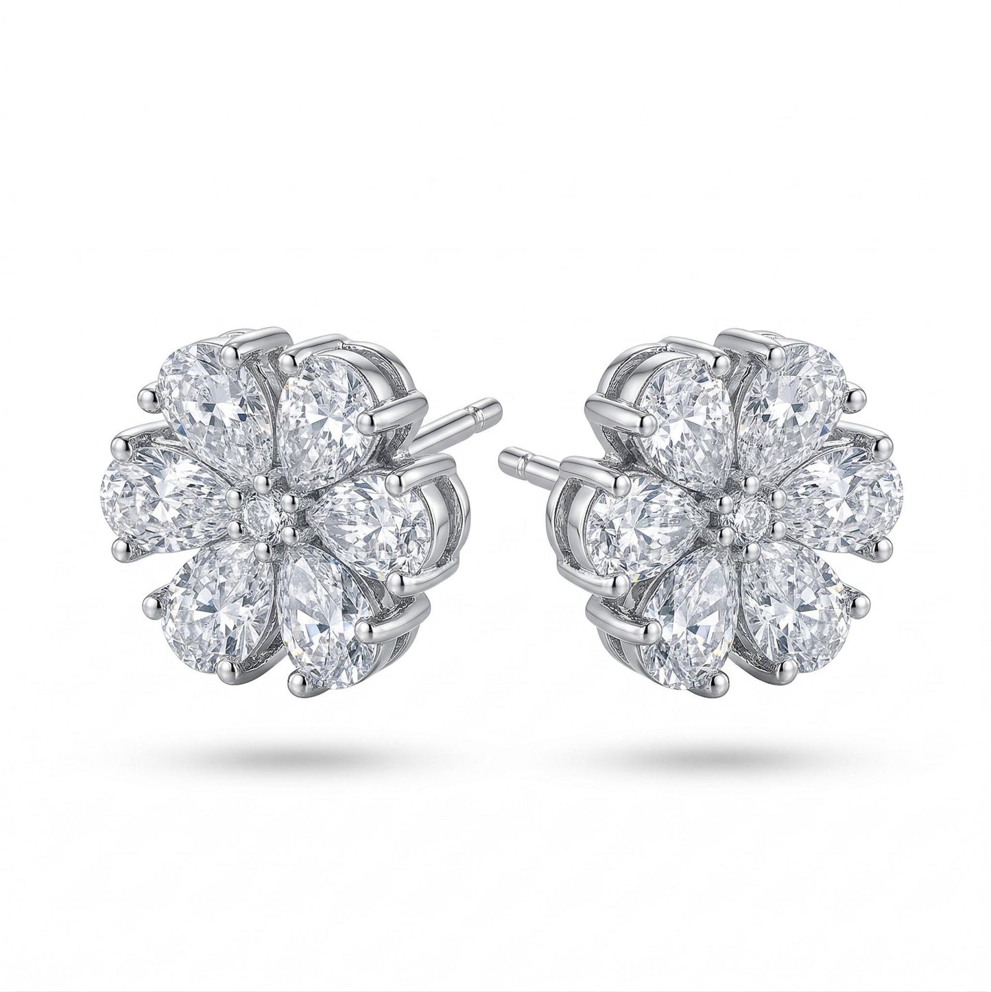 Angled pair of PT950 lab diamond flower cluster stud earrings
